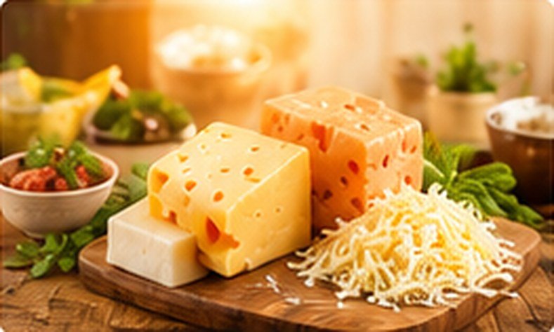Cheese blocks with shredded cheese on a wooden board