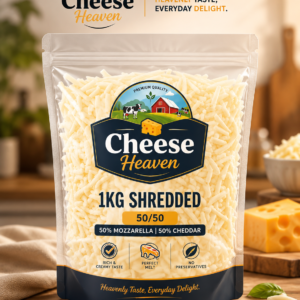 Cheese Heaven 1KG shredded cheese blend with 50% mozzarella and 50% cheddar in a resealable stand up pouch for pizza and cooking