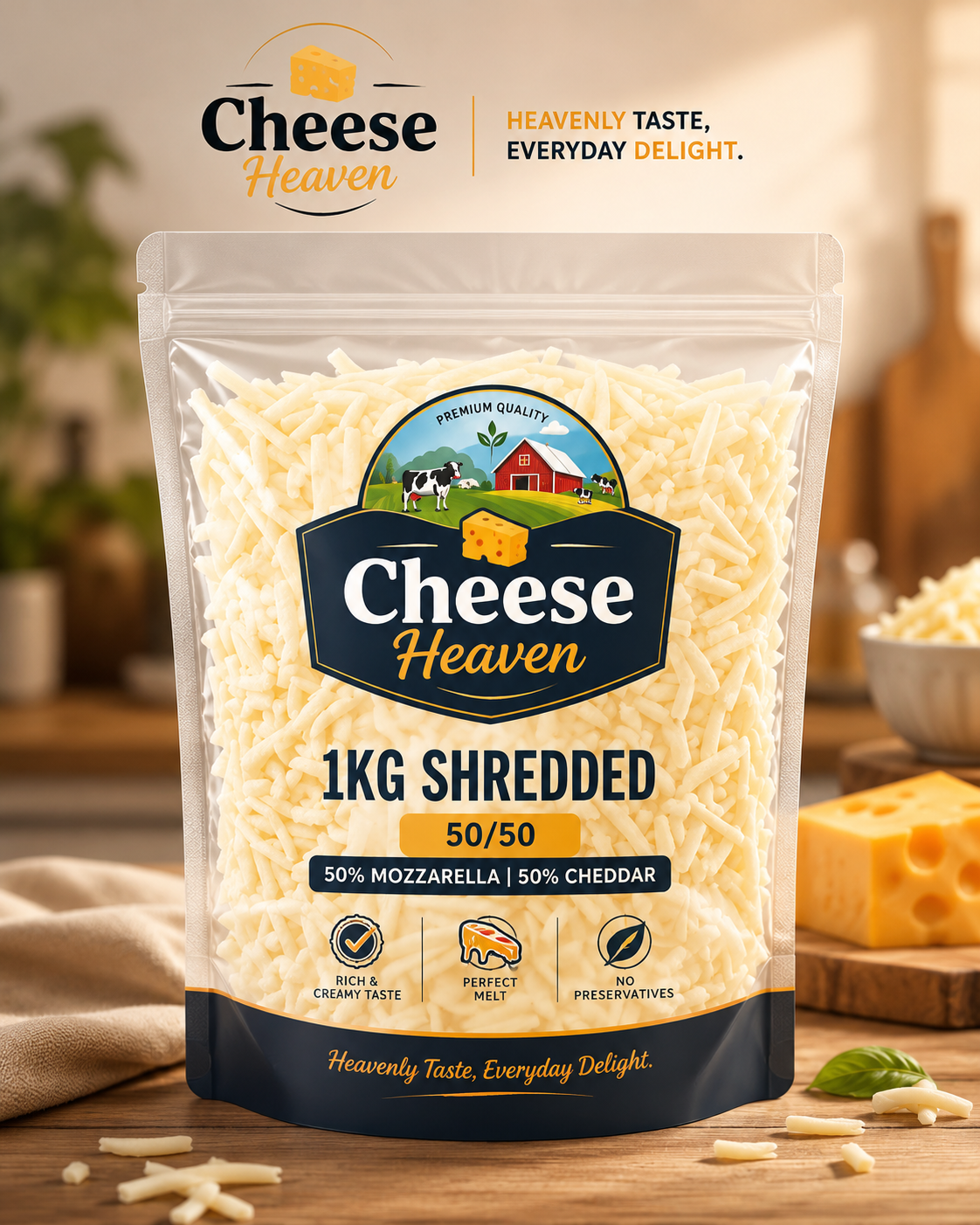 Cheese Heaven 1KG shredded cheese blend with 50% mozzarella and 50% cheddar in a resealable stand up pouch for pizza and cooking